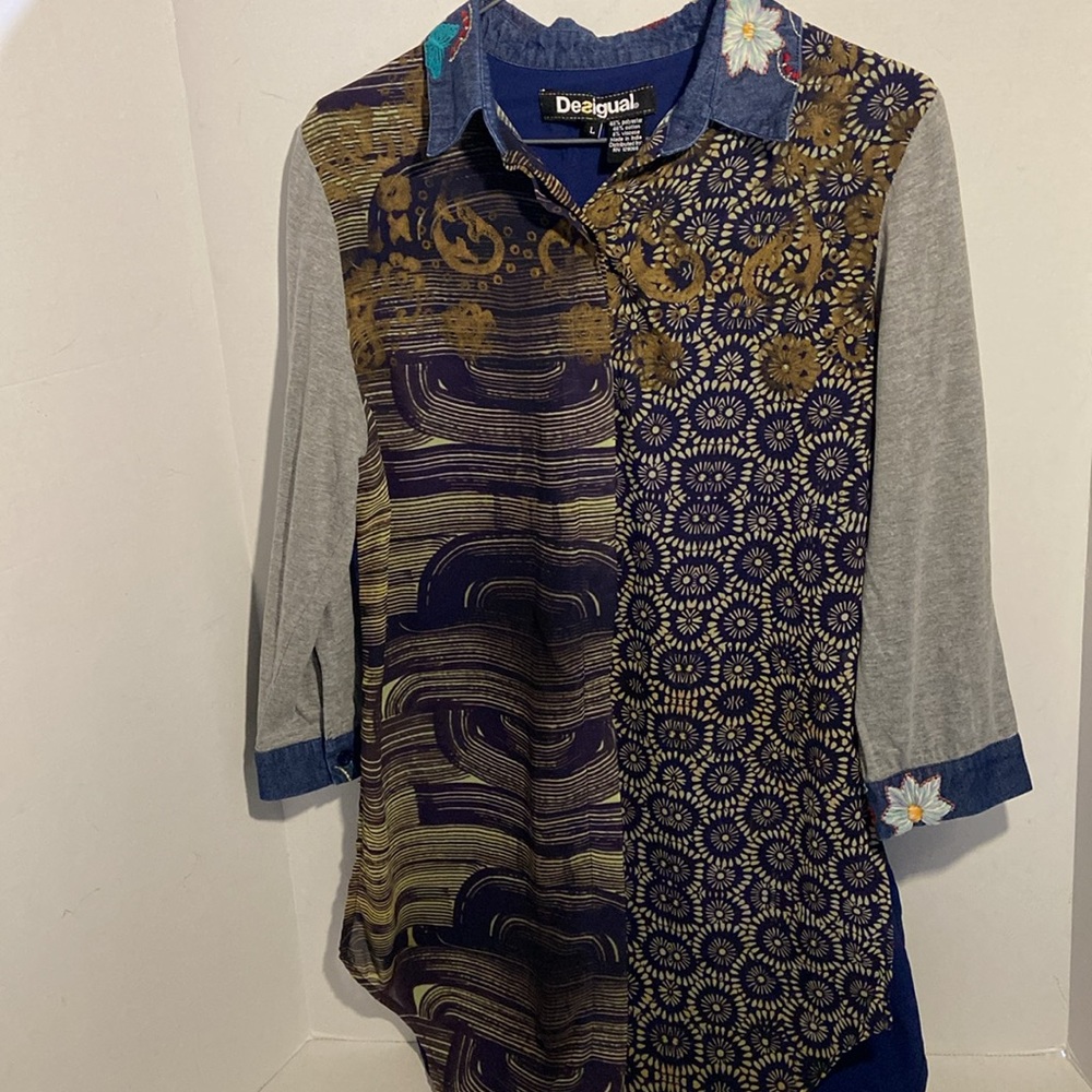 Desigual Long Button down Blouse with Denim Collar and 3/4 Sleeves